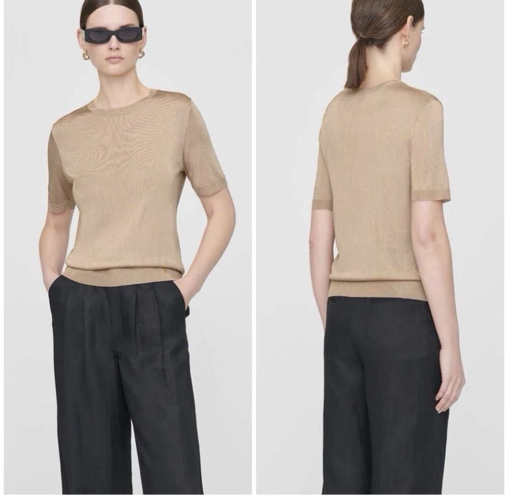 Anine Bing Atlas Short Sleeve Knit Sweater Camel Tan Small Quite Luxury B18